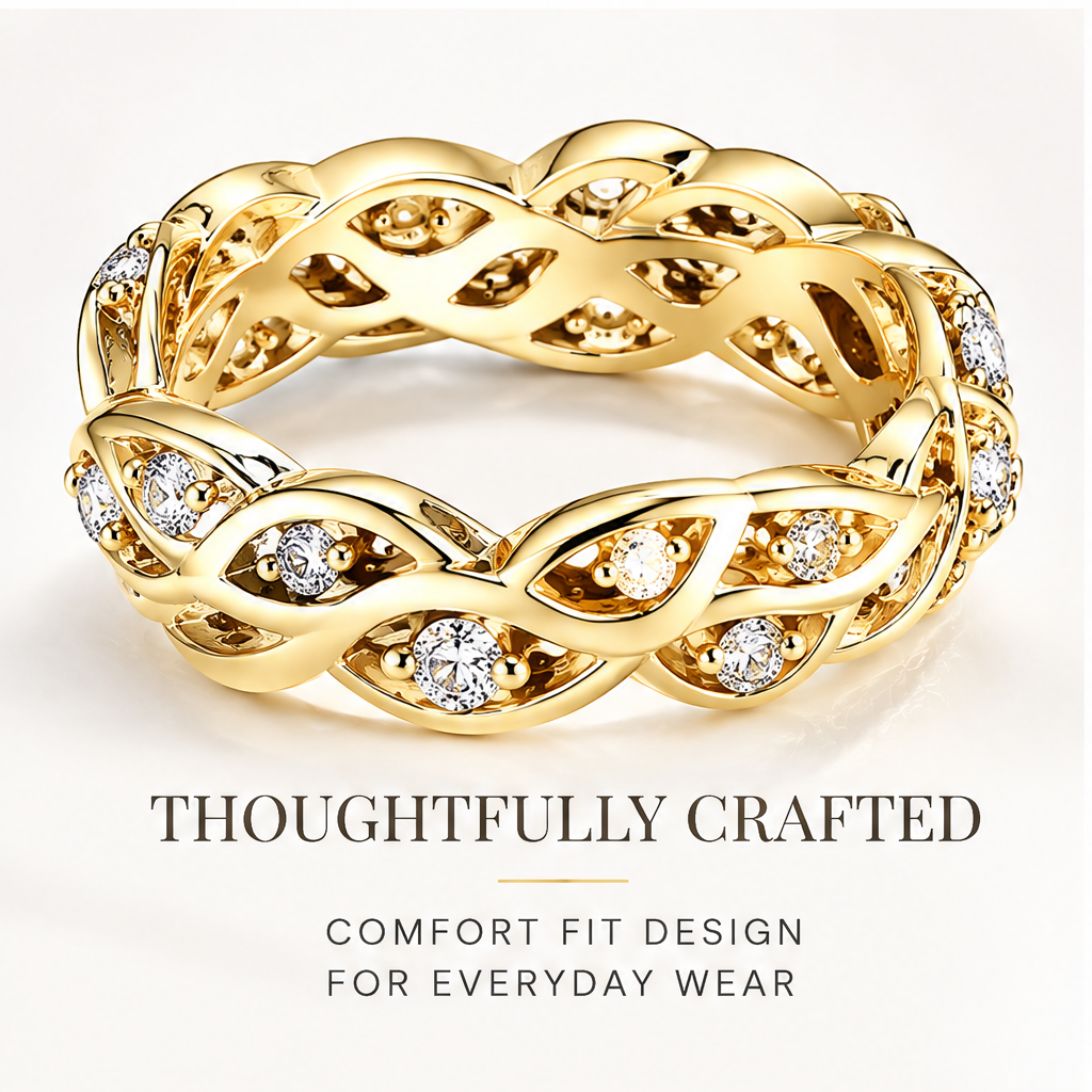 🚀WAVEFAFBLE® Timeless Elegance Gold Ring - Nature-Inspired Diamond-Quality CZ Eternity Band with Comfort Fit
