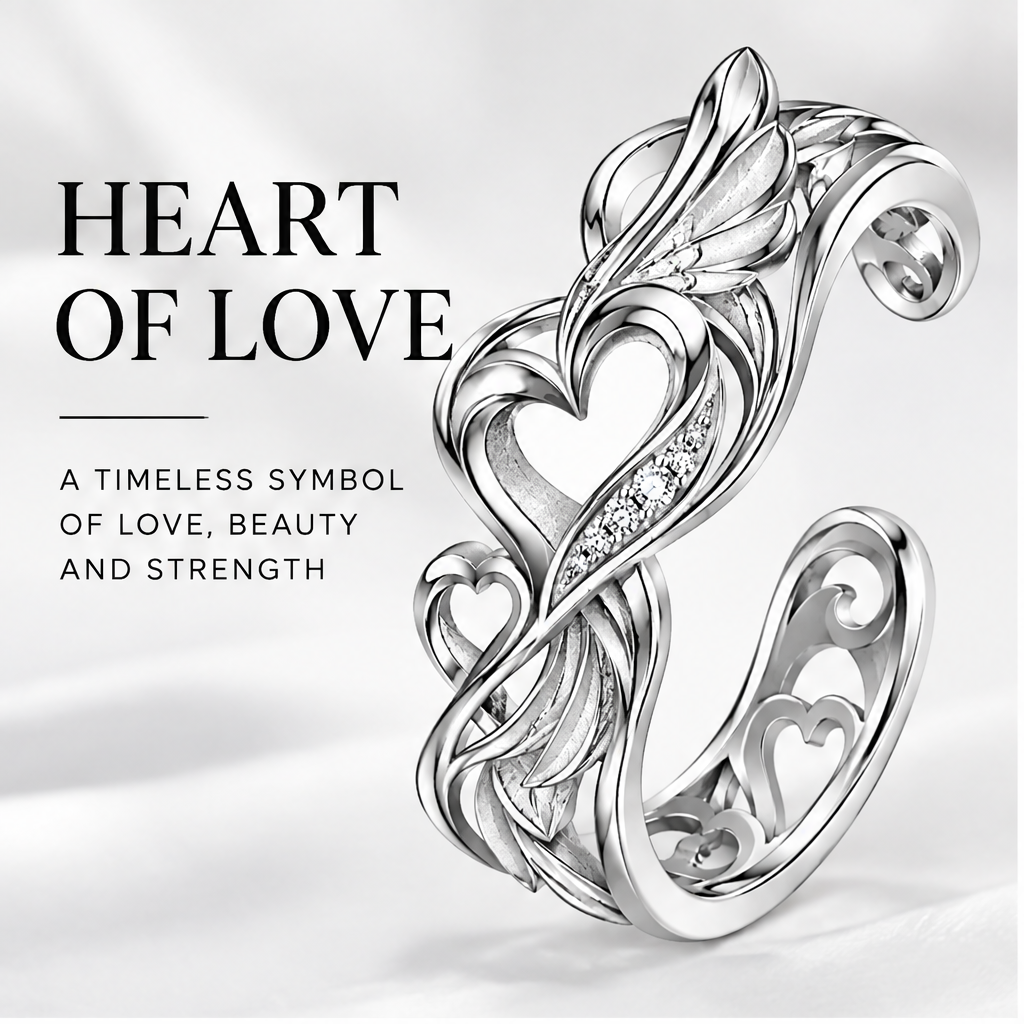 🍳WAVEFAFBLE® Heart of Love Ring - Adjustable Open Band Silver Ring with Sparkling Cubic Zirconia