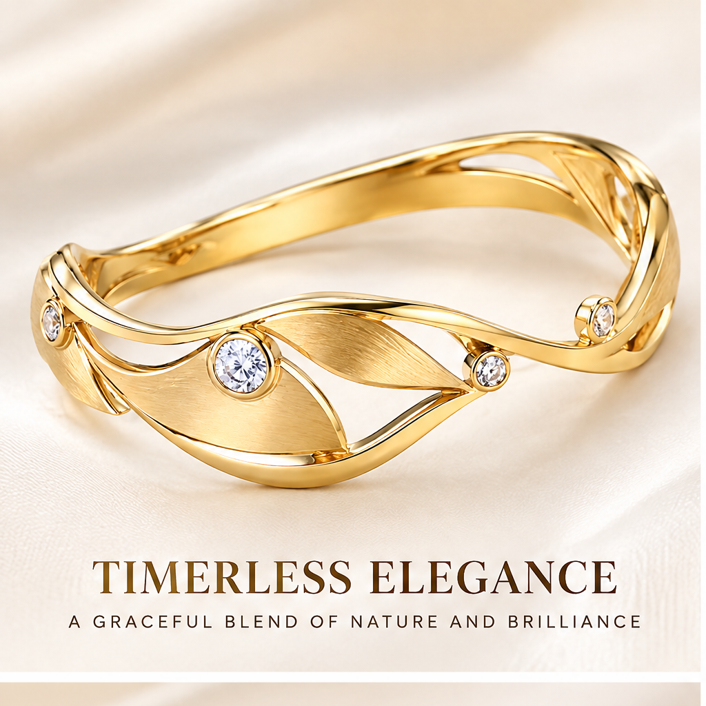 🐰WAVEFAFBLE® Timeless Elegance Gold Ring - Nature-Inspired Statement Band with Sparkling Diamond Accents