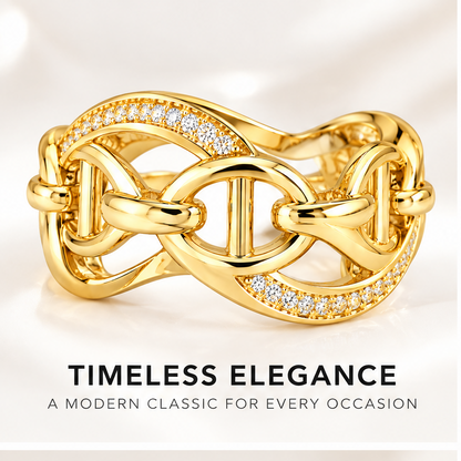🏀WAVEFAFBLE® Timeless Elegance Link Ring - 18K Gold Plated Cubic Zirconia Statement Band with Comfortable Fit