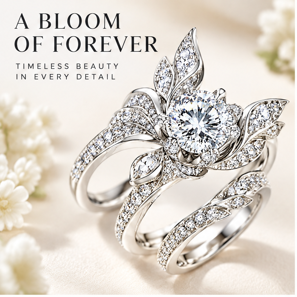 🧪WAVEFAFBLE® A Bloom of Forever Ring Set - Silver Floral Bridal Set with Dazzling Center Stone & Cubic Zirconia