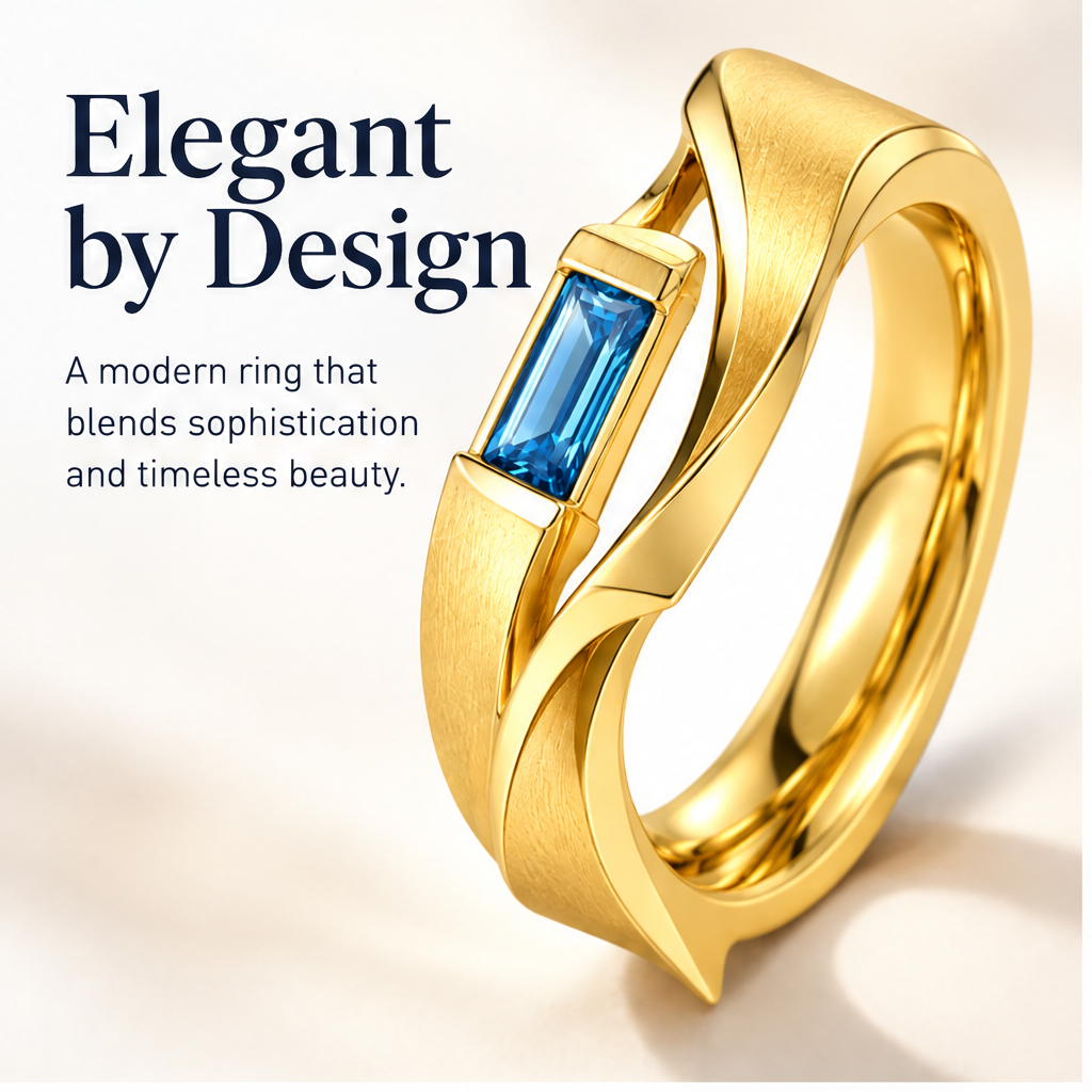 🎮WAVEFAFBLE® Elegant Design Gold Ring - Modern Statement Band with Baguette Blue Gemstone & Comfort Fit