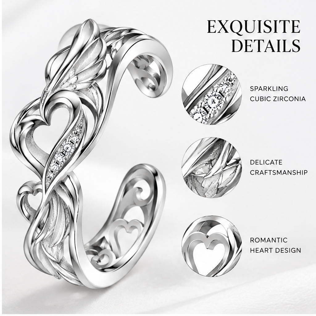 🍳WAVEFAFBLE® Heart of Love Ring - Adjustable Open Band Silver Ring with Sparkling Cubic Zirconia