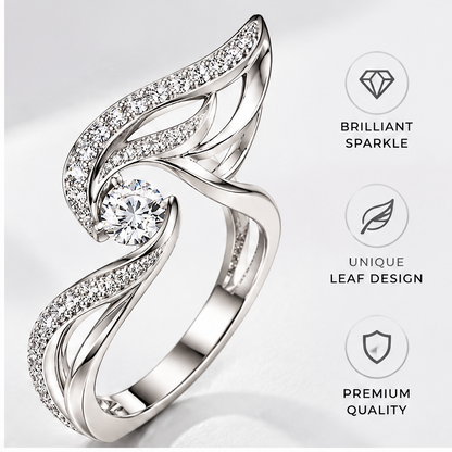 🎹WAVEFAFBLE® Timeless Elegance Ring - Silver Leaf Design Statement Ring with Brilliant Sparkle