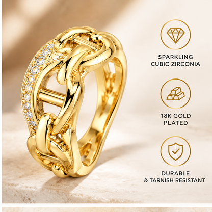🏀WAVEFAFBLE® Timeless Elegance Link Ring - 18K Gold Plated Cubic Zirconia Statement Band with Comfortable Fit