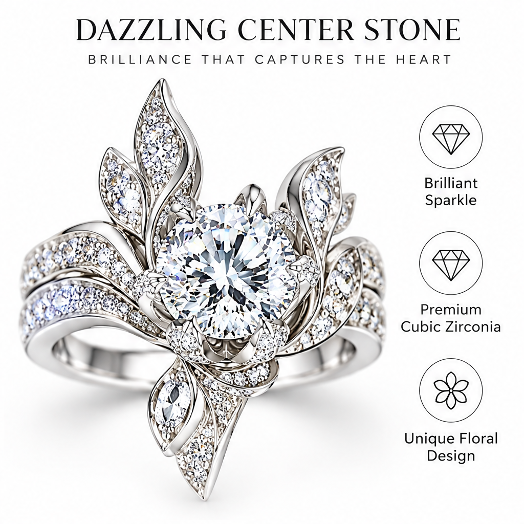 🧪WAVEFAFBLE® A Bloom of Forever Ring Set - Silver Floral Bridal Set with Dazzling Center Stone & Cubic Zirconia