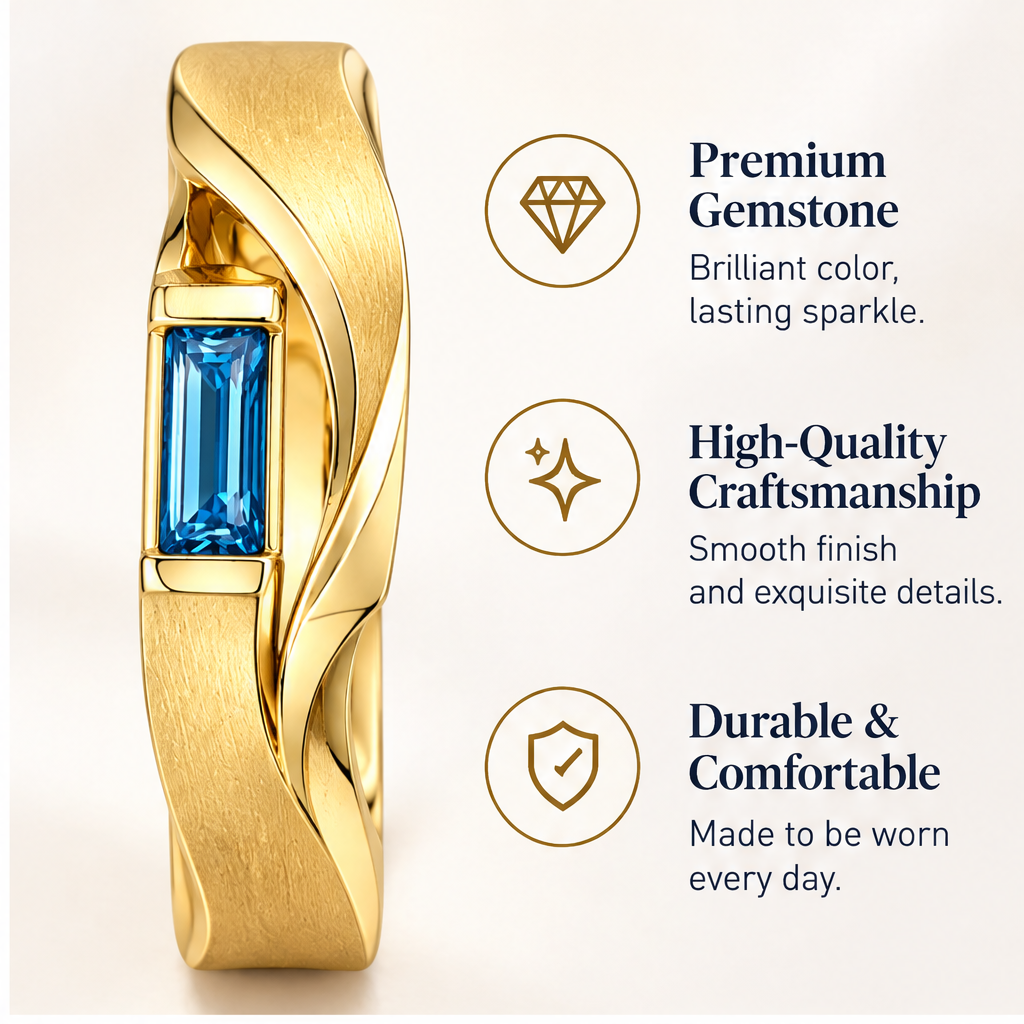 🎮WAVEFAFBLE® Elegant Design Gold Ring - Modern Statement Band with Baguette Blue Gemstone & Comfort Fit