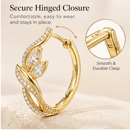 🎁WAVEFAFBLE® Elegant Nature-Inspired Huggie Hoop Earrings - 18K Gold Plated Cubic Zirconia Leaf Earrings with Secure Hinged Closure