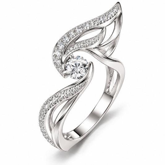 🎹WAVEFAFBLE® Timeless Elegance Ring - Silver Leaf Design Statement Ring with Brilliant Sparkle