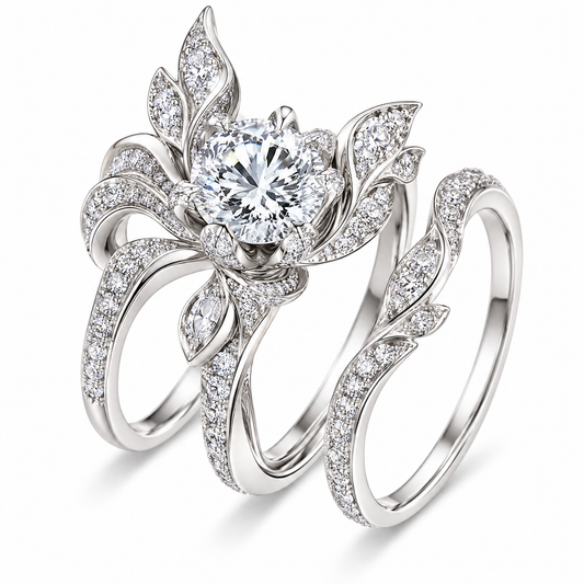 🧪WAVEFAFBLE® A Bloom of Forever Ring Set - Silver Floral Bridal Set with Dazzling Center Stone & Cubic Zirconia