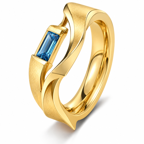 🎮WAVEFAFBLE® Elegant Design Gold Ring - Modern Statement Band with Baguette Blue Gemstone & Comfort Fit