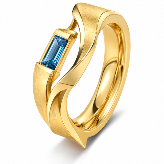 🎮WAVEFAFBLE® Elegant Design Gold Ring - Modern Statement Band with Baguette Blue Gemstone & Comfort Fit