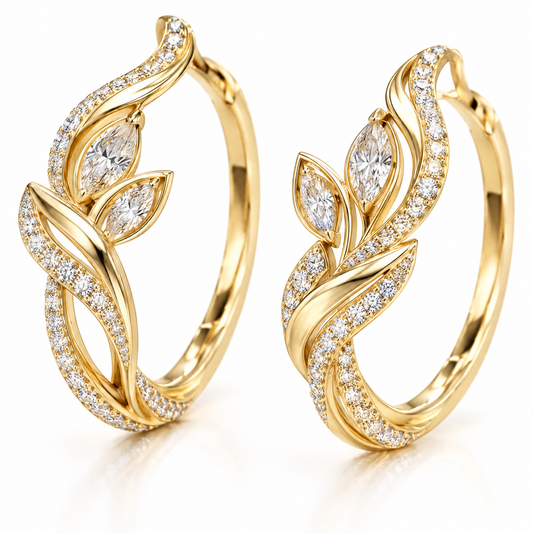 🎁WAVEFAFBLE® Elegant Nature-Inspired Huggie Hoop Earrings - 18K Gold Plated Cubic Zirconia Leaf Earrings with Secure Hinged Closure