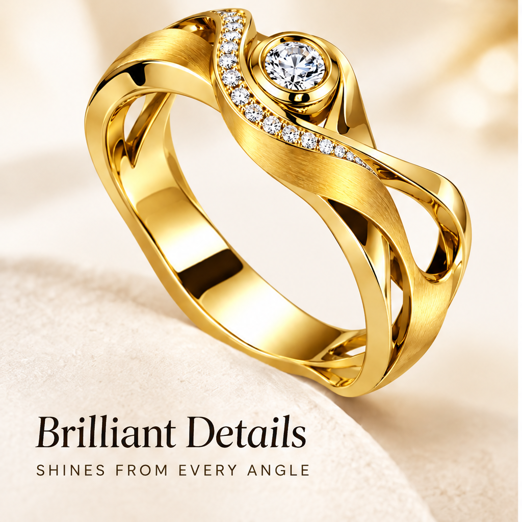 🚀WAVEFAFBLE® Unique Twist Design Ring - 18K Gold Plated Cubic Zirconia Statement Ring with Comfort Fit
