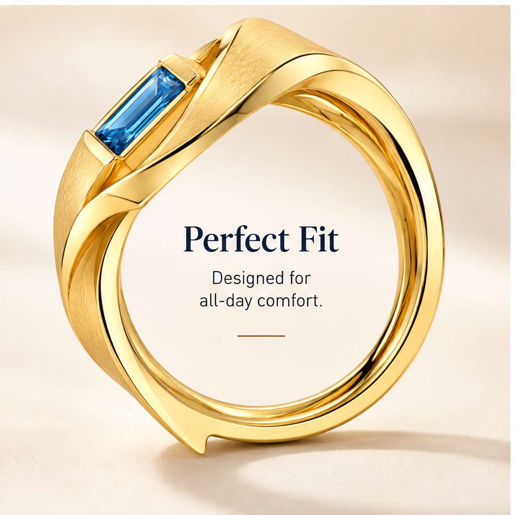 🎮WAVEFAFBLE® Elegant Design Gold Ring - Modern Statement Band with Baguette Blue Gemstone & Comfort Fit