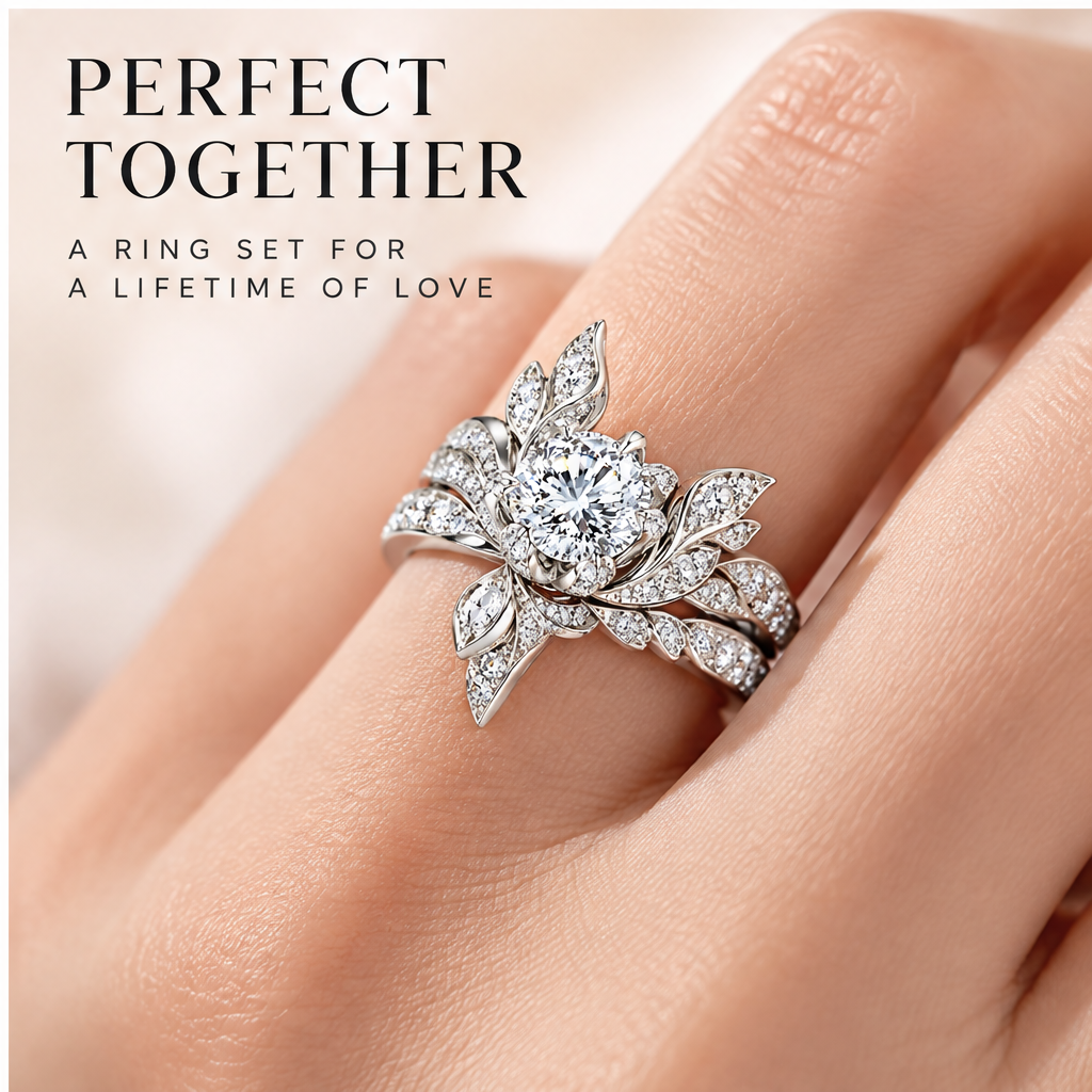 🧪WAVEFAFBLE® A Bloom of Forever Ring Set - Silver Floral Bridal Set with Dazzling Center Stone & Cubic Zirconia