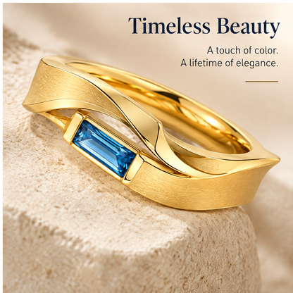 🎮WAVEFAFBLE® Elegant Design Gold Ring - Modern Statement Band with Baguette Blue Gemstone & Comfort Fit