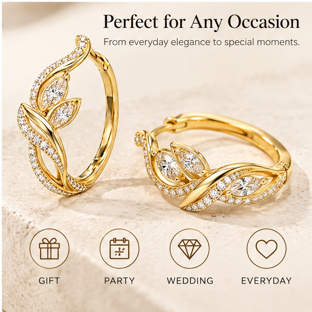 🎁WAVEFAFBLE® Elegant Nature-Inspired Huggie Hoop Earrings - 18K Gold Plated Cubic Zirconia Leaf Earrings with Secure Hinged Closure